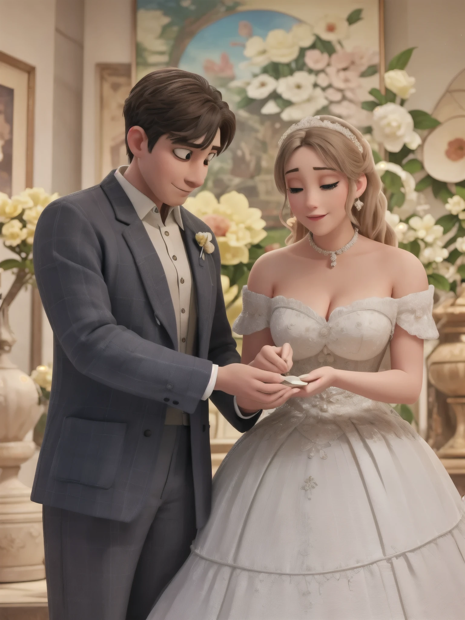 A ball scene in which a man holds hands with a woman he has a crush on and tries to waltz