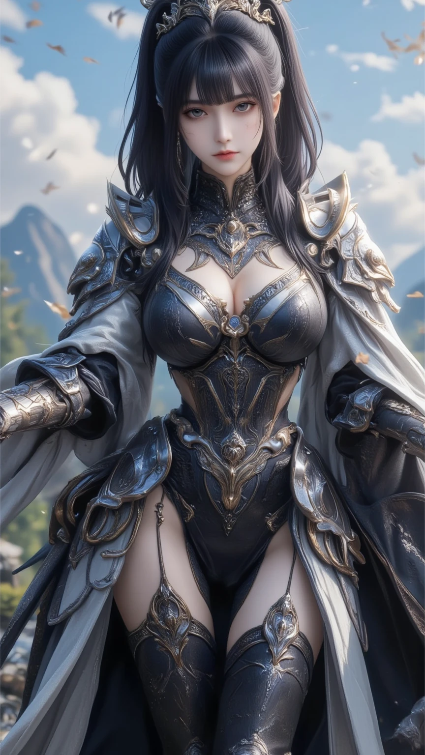 A beautiful woman, ((((realistic oil art, 46-year-old Empress, vibrant look, ((medieval clothe, medieval chest armor)), top of the mountain, 1girl, masterpiece, extremely detailed, (beautiful detailed glow), lens flare, sunrise, clouds, backlighting, (blue sky), gradient sky, female knight, armor ornament, red details, deep blye color armor, black color ornament, holding a weapon
, light from behind, shadow on the figure, smile, laughter, standing in the distance, looking at the viewer, full-length
, elegance under the sun, hair ornament, movement motion, image look alive, perfect body figure, very big breast, very big ass, beautiful face, milf, royal, blazing black color hair, blue eyes, ponytail hair style, beautiful skin, Extremely details hair, fine details, cinematic lighting, beautiful lighting effect, creative design, full body frame, divine aura, hard harmony , shining light, perfect color transition, perfect balance of contrast, perfect color layer, perfectly smooth color blur, soft rendering, smooth color stroke, moon glare, optic lens, moonlight ray, soft colors, smooth colors blend, perfect color rendering, harmony, perfect color harmony, beautiful color, soft harmony, light particles, perfect details, intricate details, color prism, fine details, refine details, intricate clothes details, fine clothes, smooth fabric clothes texture, different angle))), Tachibana Omina art style, affectionate eyes, half a smile, slightly open mouth, a gentle expression on his face, serene scenery of grassland under the sun, grass floating around, calm, breeze and sunlight in the background, butterflies in the sky, realism, ((Best quality))),8k,((Masterpiece)),(Extremely refined and beautiful)
