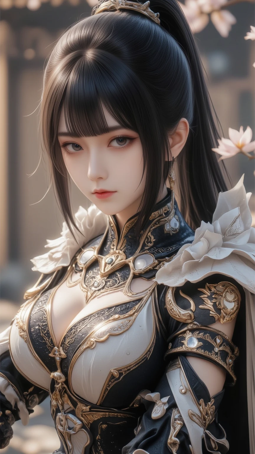 Close-up de uma garota com uma espada, personagem de fantasia ultra-detalhado, intrincado lindo estilo CGI anime, female demon suitable for white horns, fantasia de detalhe 4K, Iconic character of high detail, handsome biomechanical elf, personagem de fantasia complexa, High detail and very sharp and intricate art. octan render, 3D rendering 8K character art, mostrar corpo todo, deserto, ruins