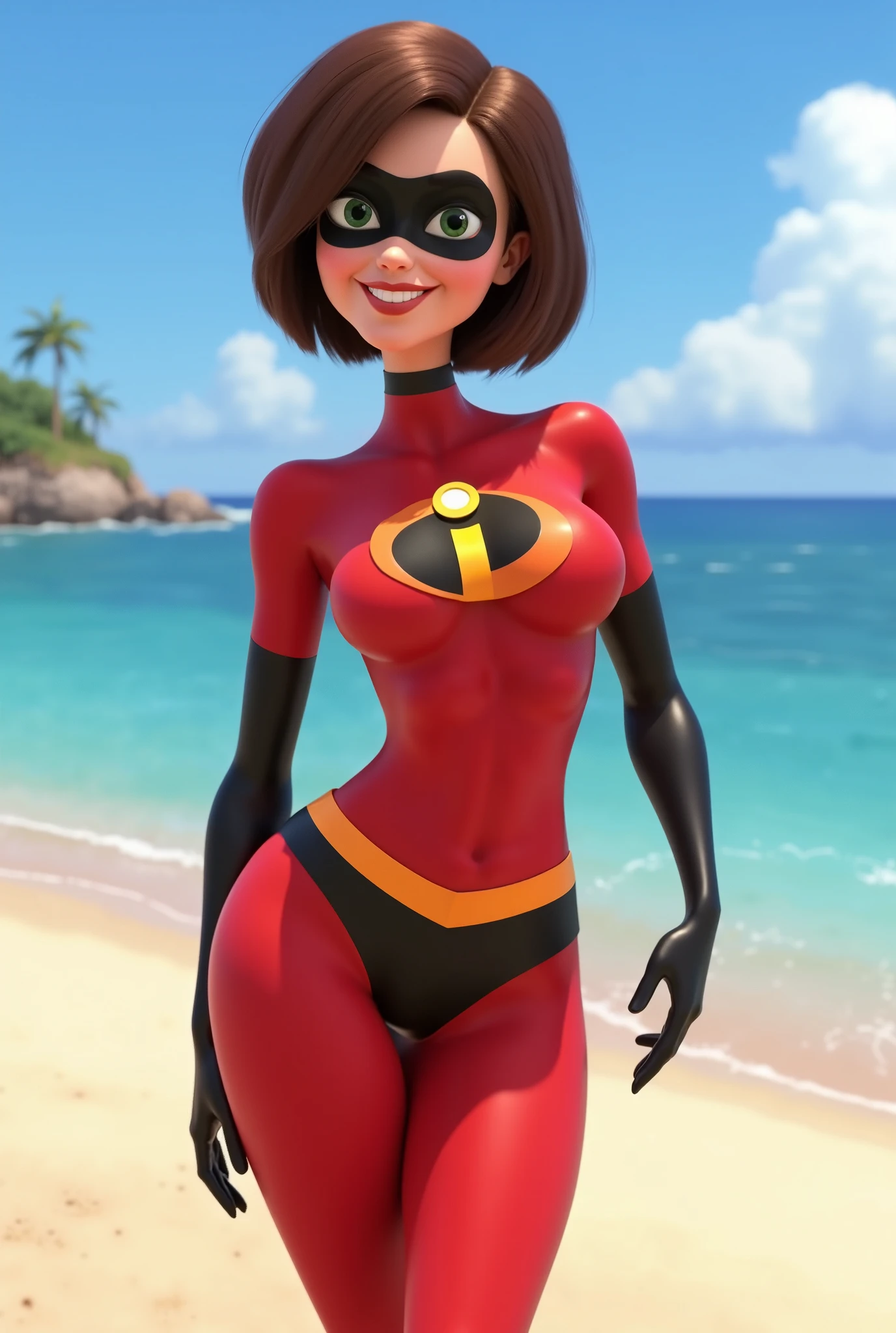 masterpiece, pixar, 3d, best quality, 1girl, helenparr, brown hair, brown eyes, domino mask, black lingerie, smile, upper body, looking at viewer, beach setting, crowded beach, sitting on beach chair, tropical beach, sunny, flare, ocean in background, sexy pose
