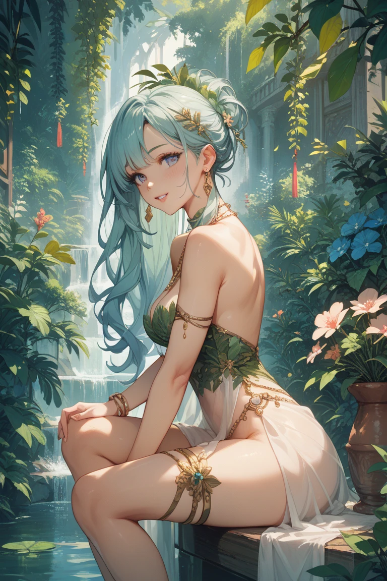 Aelia, a giant nymph of 55 meters, emerges from a crystal clear lake at dawn, her luminous skin glowing with the first rays of the sun. Her long green hair falls in soft waves over her shoulders and back.. Naked and ethereal, standing on the shore of the lake, her posture is graceful and tempting, with one leg submerged in the water and one hand caressing his neck, while the other holds a lotus flower. His eyes, full of calm and desire, They look at the tiny humans at their feet, enchanted by its natural beauty. Her lips curved in a serene smile and her delicately sculpted body radiate an aura of mystical eroticism., enveloping everyone present in a spell of submission and quiet admiration.
