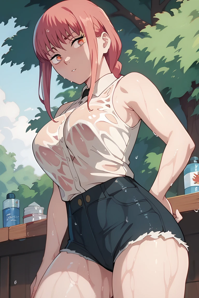 masutepiece, High quality, Best Quality, High resolution, 4K, High Definition, Beautiful lighting,1girl in, Short hair, Pink hair, Pink eyes, Yui, Hair bun, ((wide smile))、blushing、japanes、red blush, full pose, 2d, masterpiece, best quality, anime, full body, full pose, highly detailed, cowboy shot, 1girl, solo, blue eyes, ((medium breasts)), ((black pantyhose)), blushing, ((sitting on rock)),((school shoes)), ((crossed legs)), cowboy shot, looking at viewer, forest background, ((naked upper body:1.4))