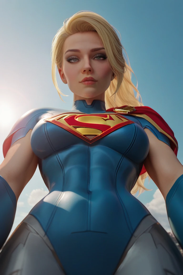 Subject: A photorealistic portrayal of Kate Upton as Power girl in her enchanting attire, standing gracefully with an air of mystique. Type of Image: Photorealistic digital artwork capturing and captivating presence. Art Styles: Photorealism, showcasing intricate details of her costume, intricate accessories, and her captivating expression.