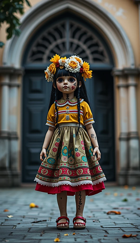 Fancy dress made from folk toys worn by a female child with indigenous features and long dark hair