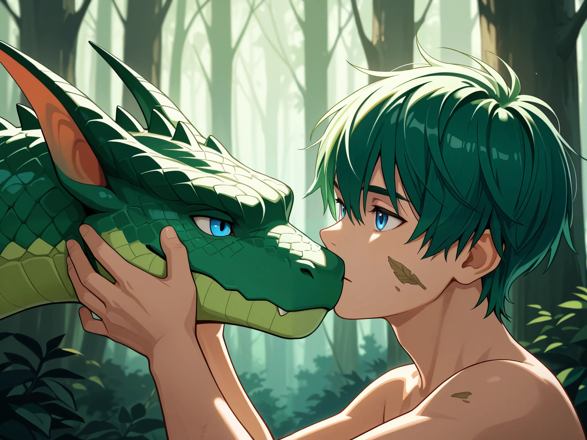 A boy, 15-years-old, green hair, blue eyes , green skin, green scales on his face, neck and arms, short hair, in the forest, high details, high quality