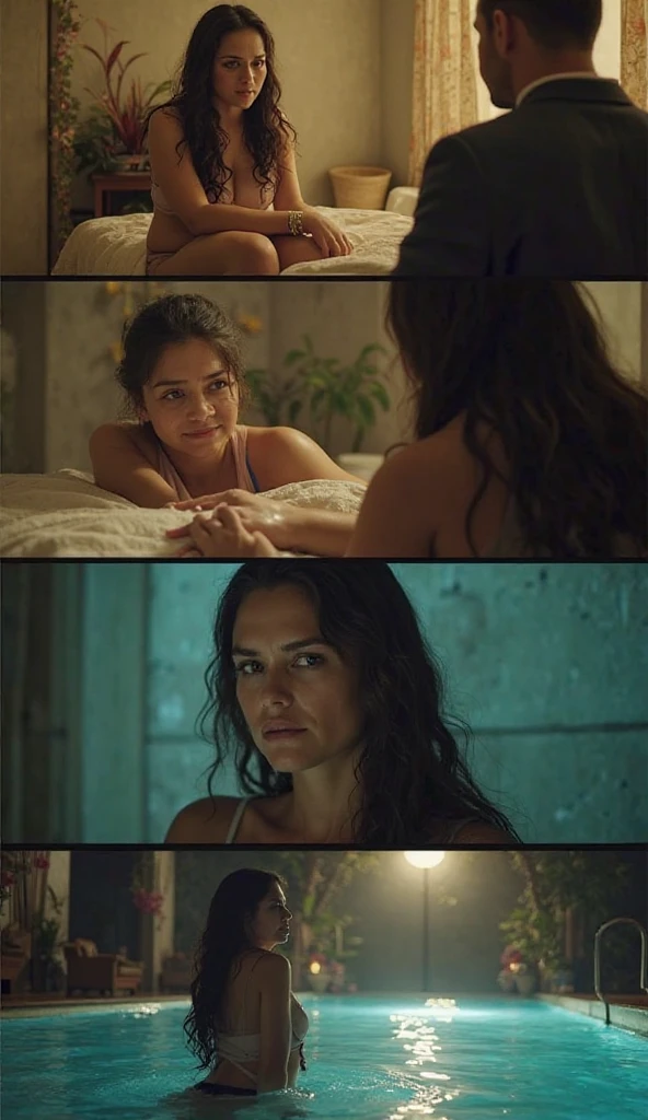 a beautiful woman with long flowing hair, a handsome man, and a sensual female companion, the three engaged in a passionate, intimate moment, highly detailed, ultra-realistic, cinematic lighting, dramatic shadows, warm color palette, masterpiece