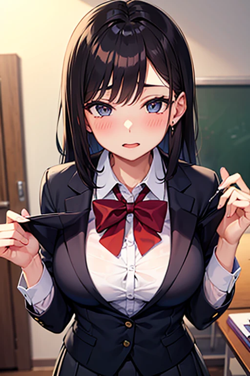 [GENERATED BY 7th anime XL-Pony A:100]
(score_9,score_8_up,score_7_up,score_6_up),masterpiece,best quality, source anime,

rating_explicit,
ukkripony,
1girl, standing, upper body, classroom,
half-closed eyes, heavy breathing, sweat,saliva,
grin, clenched teeth,


BREAK girl, 18 yo, (:1.3), (large breasts:1.3), (black hair:1.2), (medium long hair:1.2), (hair between eyes:0.5), (straight hair:1.3), grey eyes, (tareme:1.3),
BREAK (school uniform), (white collared shirt, plain pattern shirt, short sleeves, shirt tucked in:1),
(red plain pattern narrow neck ribbon:1.1),
(button gap:1),
BREAK (pov hands another's cheek, finger in mouth:1.3)