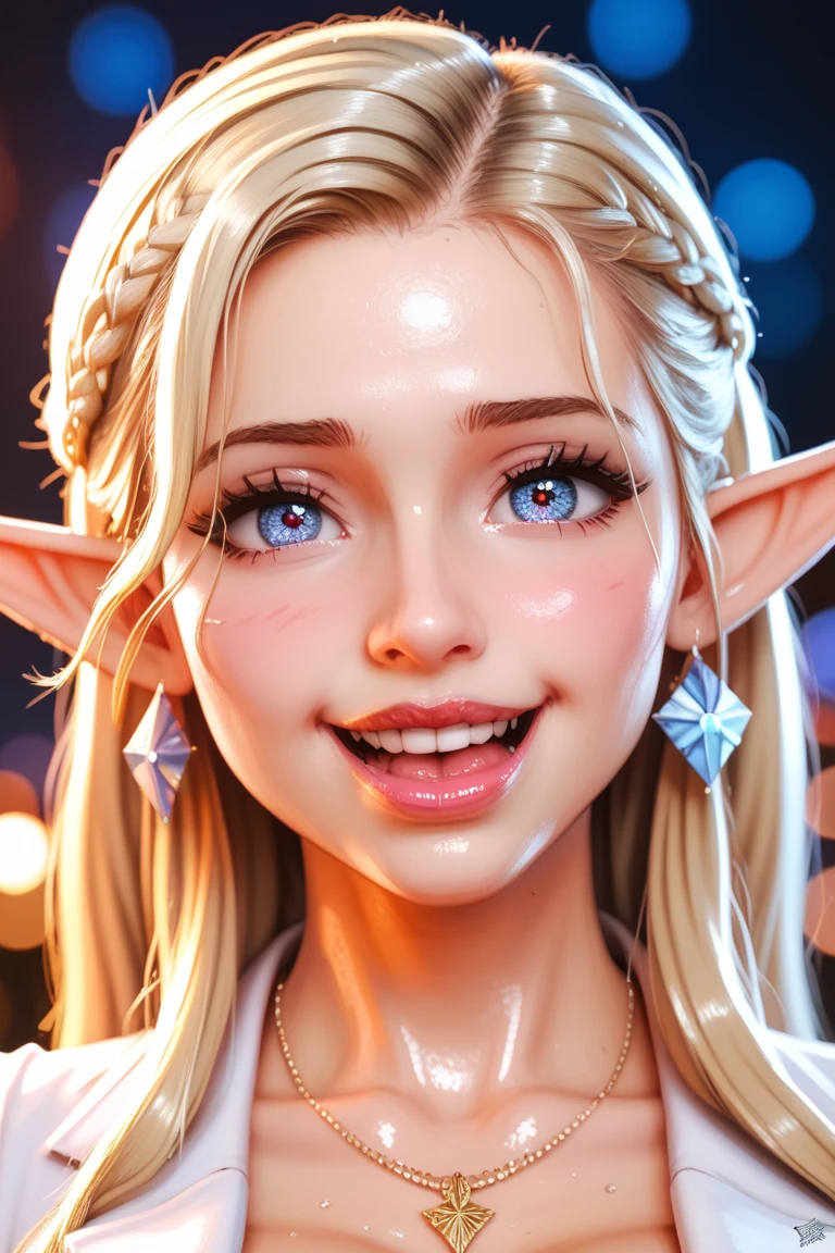 cute girl, (platinum hair), ((very long curly hair)), perfect face, innocent smile, (cerulean eyes), (naked), (petite), (slender), ((flat chest)), ((21 years old)), skindentation, extreme detail, attractive oval face, red lips, pink nipples, glossy skin, detailed hair, face focus, close-up chest, ornamental gold necklace, gold earrings, ((1 girl)), embarrassed expression, elf ears