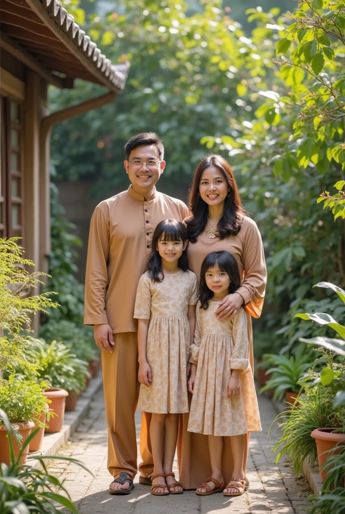 The hijab-clad mother with her 3 sons and 1 daughter are wearing raya clothes.