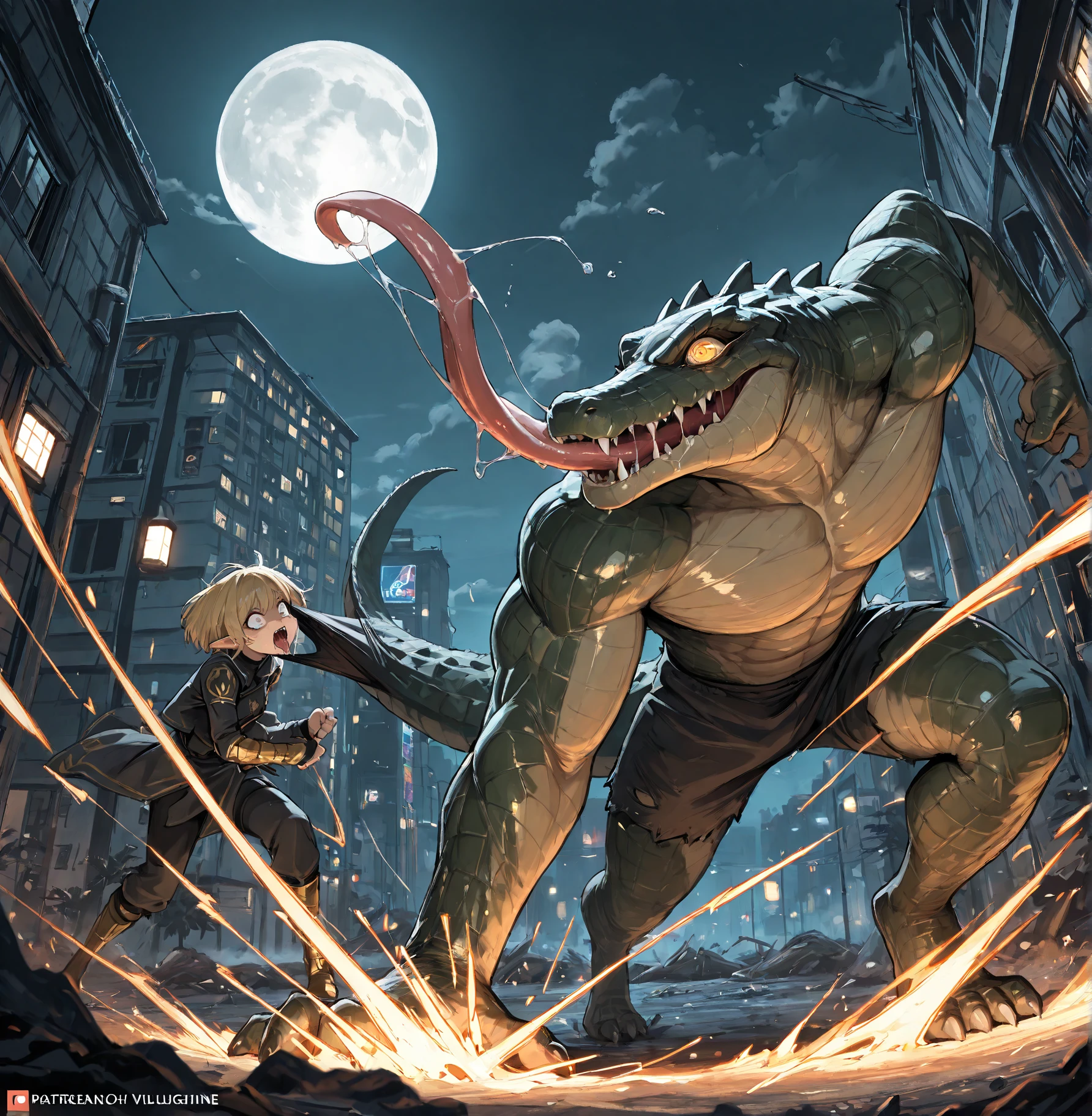 (Chibi Character)、((((No humans))))、Libra, reptiles, Humanity, Crocodile, green body, scale, There is nothing there, Crocodilian, facial, Muscular, green scale, teeth、get annoyed、Fighting stance、Movement angle、(White background)、(battle)