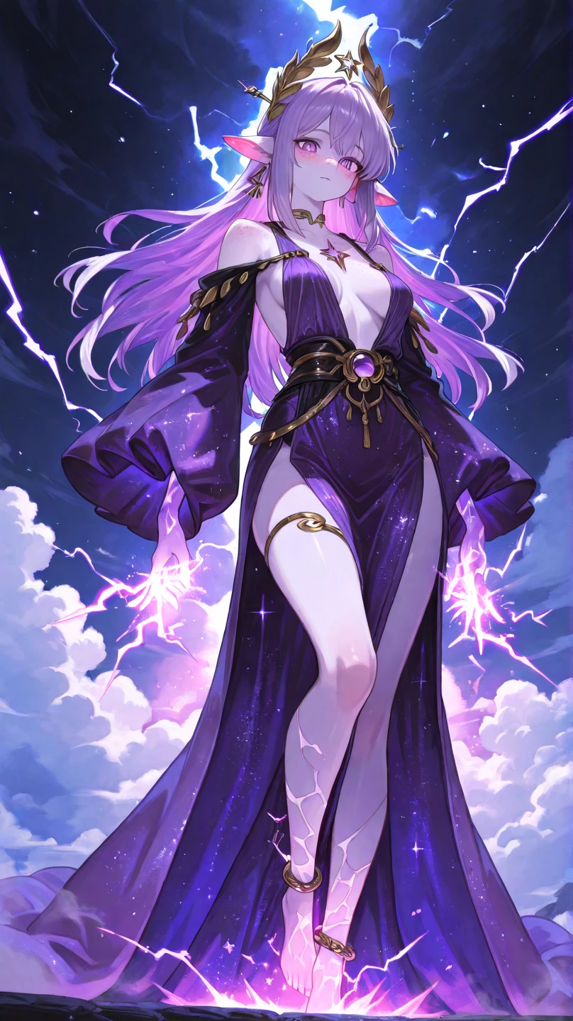 A purple-haired woman hiding her body in a robe Has a giant magic wand