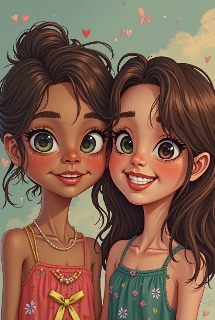 twoo young woman,In a manga comic style, Roselyne Mountain and Furya, both girls, are depicted with their unique characteristics. Jessica has short red hair and grey-blue eyes, appearing timid. Furya, also a girl, is taller with mid-length curly bordeaux red hair and brown eyes,tan skin,smiling warmly. Their vibrant comic style captures the essence of their young love, with Furya's outgoing nature complementing Roselyne's shyness, highlighting their contrasting yet harmonious appearances.