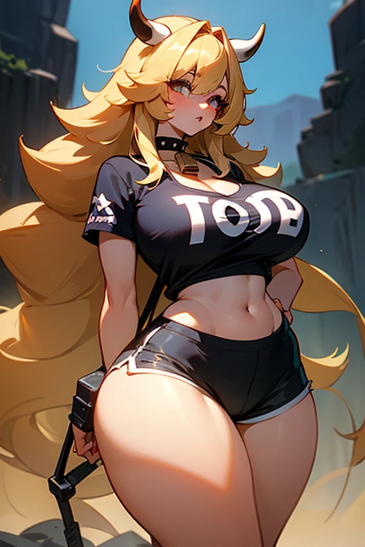 ((Best quality)), a beautiful young woman with pale skin, pretty legs ((big hips)), huge breasts, huge breasts ((huge breasts)), thick thighs, very long straight blonde hair, two pigtails, bangs, pink eyes, with a light pink short-sleeved croptop, short white plank skirt, brown hiking boots, gray bracelets, beautiful look, hands on the hip, view from below