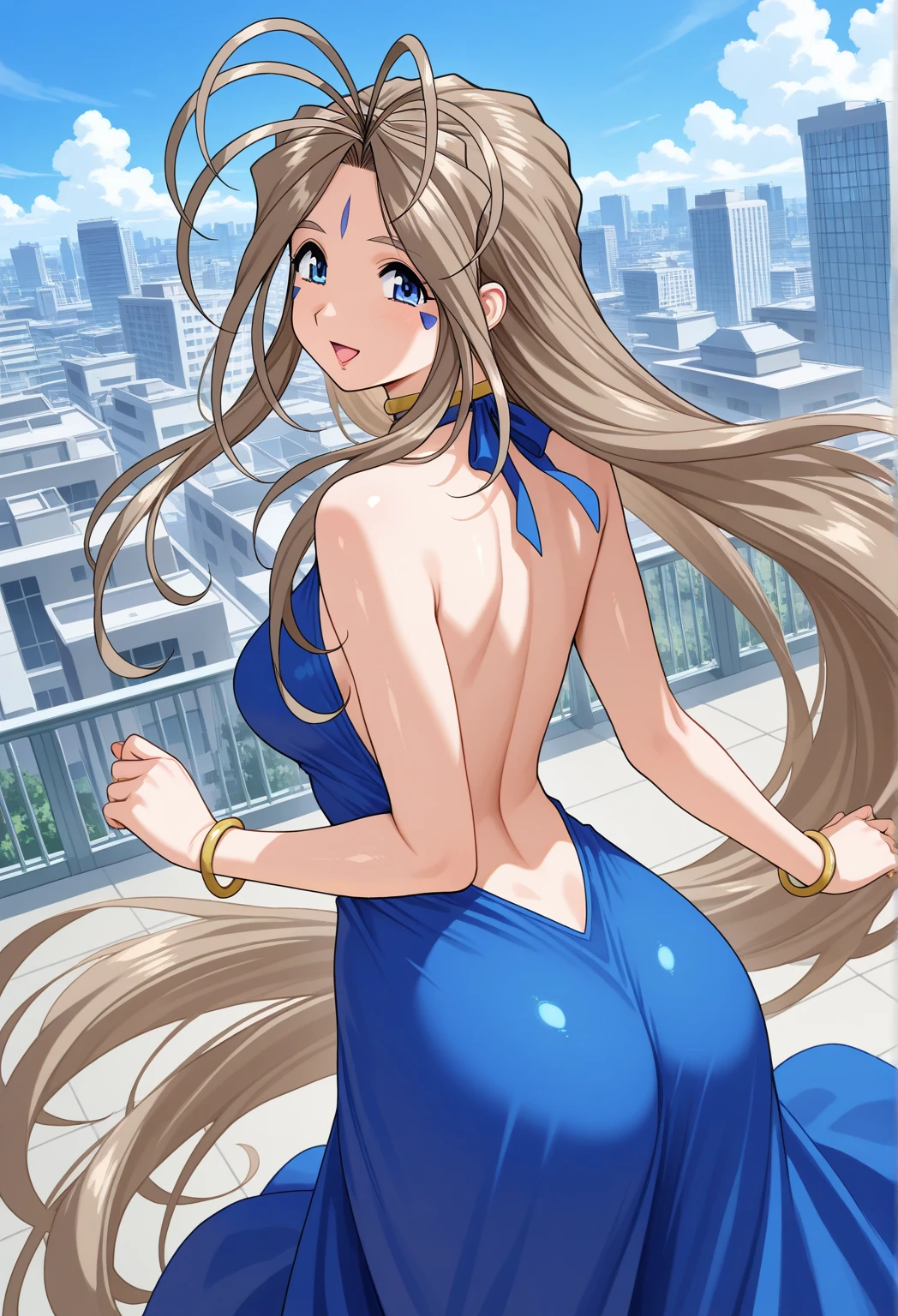 (hot thicc ass), (large breasts:1.2)), Ichinose Asuna, light brown hair,blue eyes,very long hair,hair over one eyes,halo, highleg leotard, blue leotard, playboy bunny, fake animal ears, bunny ears, bow, detached collar,thighband pantyhose, skinny, slim thick, 8k, at a street, smiling, beautiful face