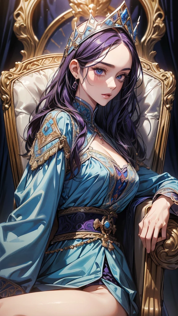 A seductive queen sitting on her throne in Blue dress, her eyes smoldering with desire, <lora:enhancednoses_v0.11:1>, Detailed, Masterpiece, 8k, detailed, (Anime, fantasy:1.2)<lora:more_details:1.0>