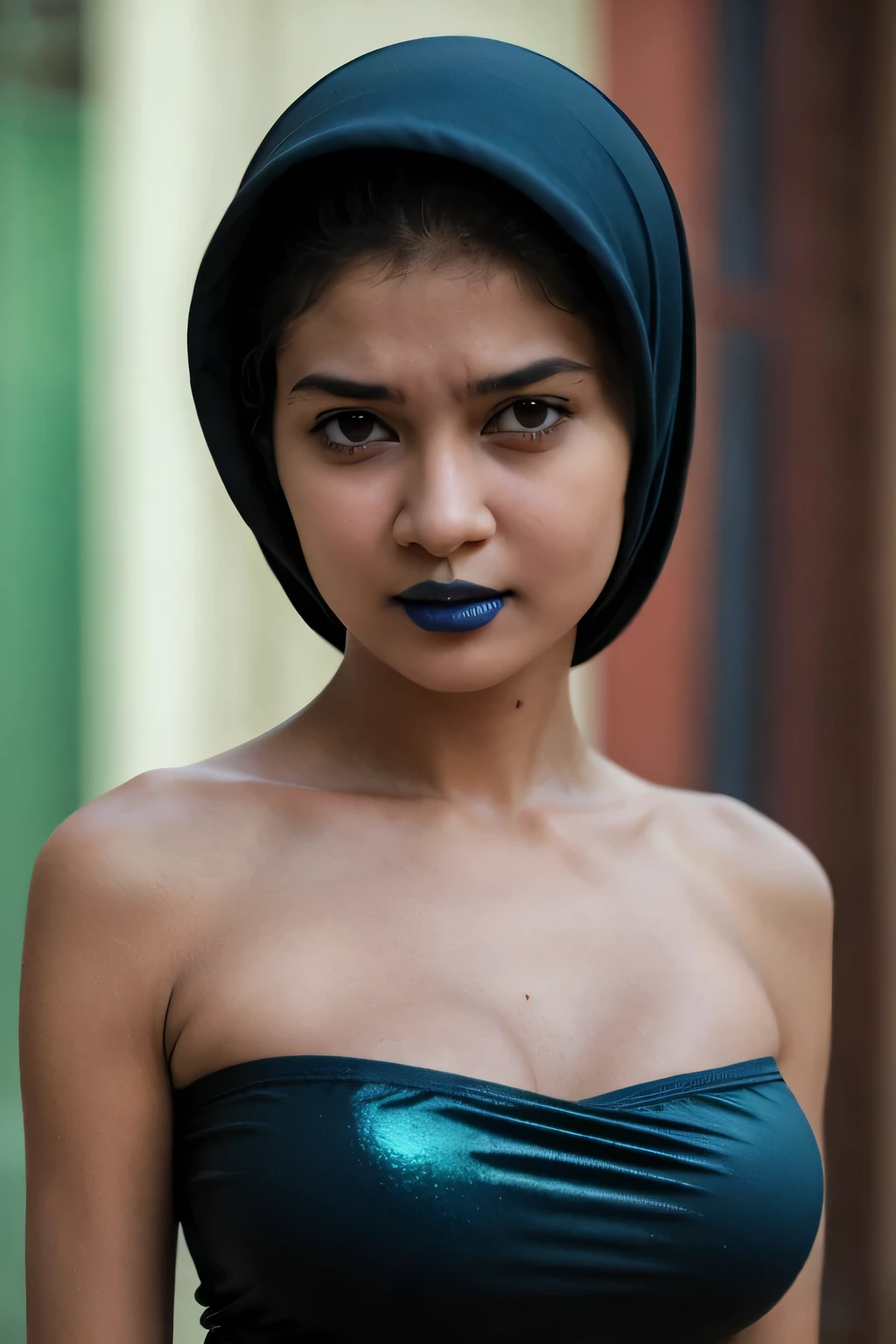 Skinny, green fluorescence Strapless Jumbo (Fatty), adorable, (1 girl), (face to face), , baby face, sad, half body portrait, (face details: 1), (eye details: 1), ((big breasts Solid:1.54)). wearing translucent (transparent) transparency (soft short t-shirt cropped) , hijab, .. Cute posed. proportional body. Ultra High Res. realistic: 1.4, UHD, view from side seductive pose, (viddinillah:1.3), (Dark Blue Lipstick:1.2), (sad face expressions:1.3) LITTLE SMALL GIRLS, LITTLE SMALL GIRLS, LITTLE SMALL GIRLS, (shiny shiny black tone skin:1.4)