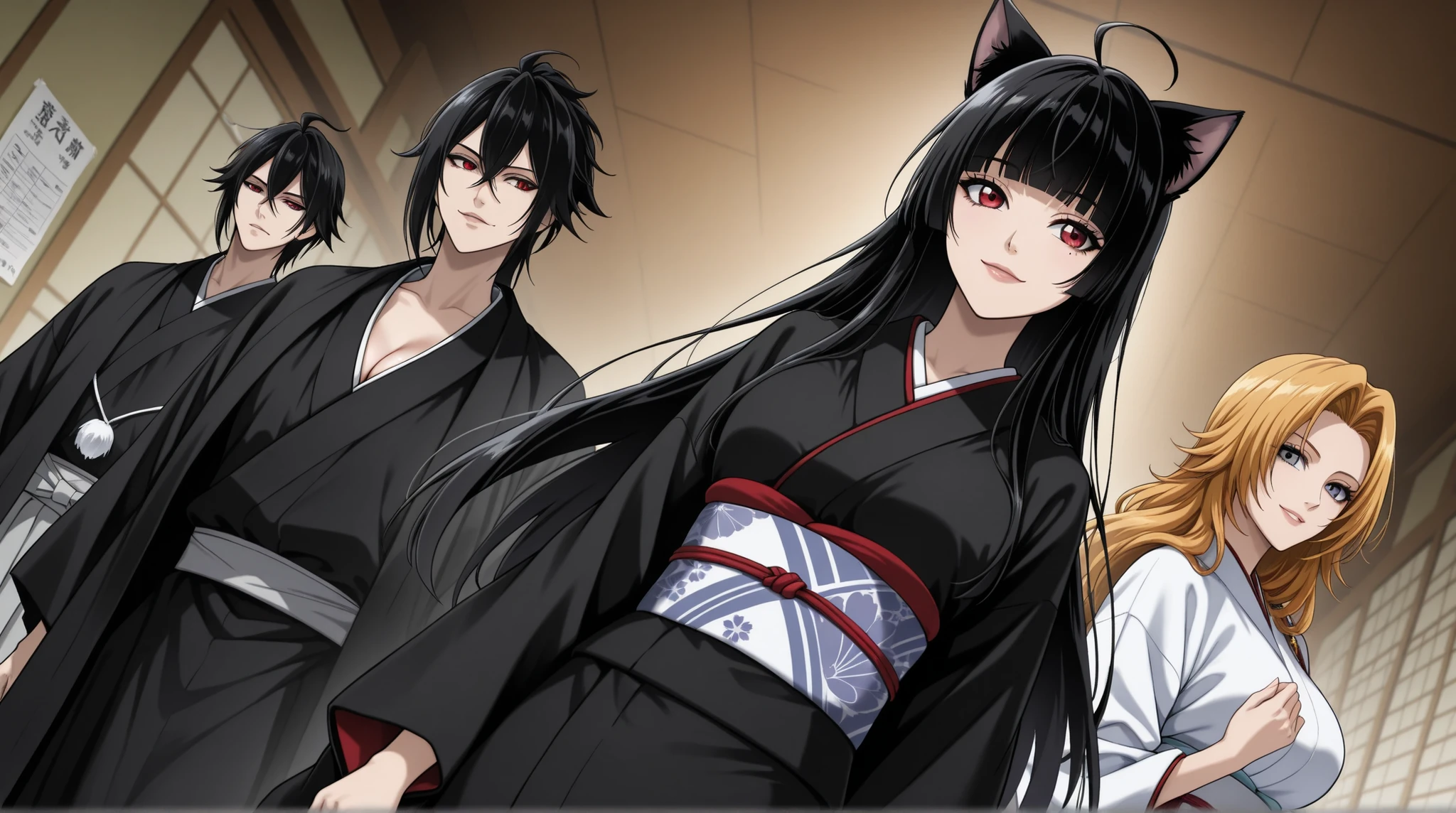 score_9, score_8_arriba, score_7_arriba,   source  _anime,
Rangiku Matsumoto, Alone, ((cat girl, cat black ears)), (red eyes), (long hair), (( black hair, (Ahoge), straight bangs,)),, Long Hair, abrigo tipo mole, moonlike coat under his mouth, Zanpaku-tō, espadas de poderes sobrenaturales en las manos de la chica
mangas largas, ,  Japanese clothing, kimono, , black kimono, Also, black Also, Wad of bills, white Wad of bills,
al aire libre, Soul Society (ソウル ソサエティ, Souru Sosaeti ), smile,
Looking at the spectator,  cowboy shot, Dutch Angle,