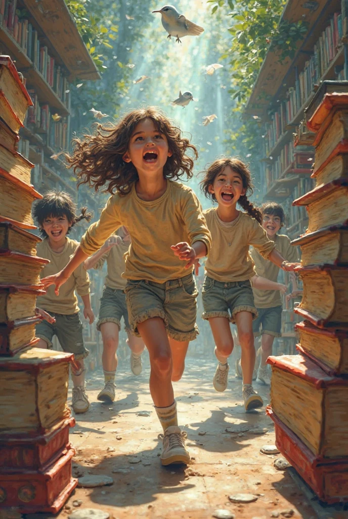 Two girls and three boys are in a large room, dusty, with the windows closed and low lighting and with several shelves of old books in the background. The children are dancing singing happy songs, with excitement, one of the girls pedals an old exercise bike. Enquanto isso, the spirit of an old black man, Scrawny, with a pipe, old and scary looking clothes, is hidden in the background, in silence, looking behind one of the bookshelves, without the children being able to see it.