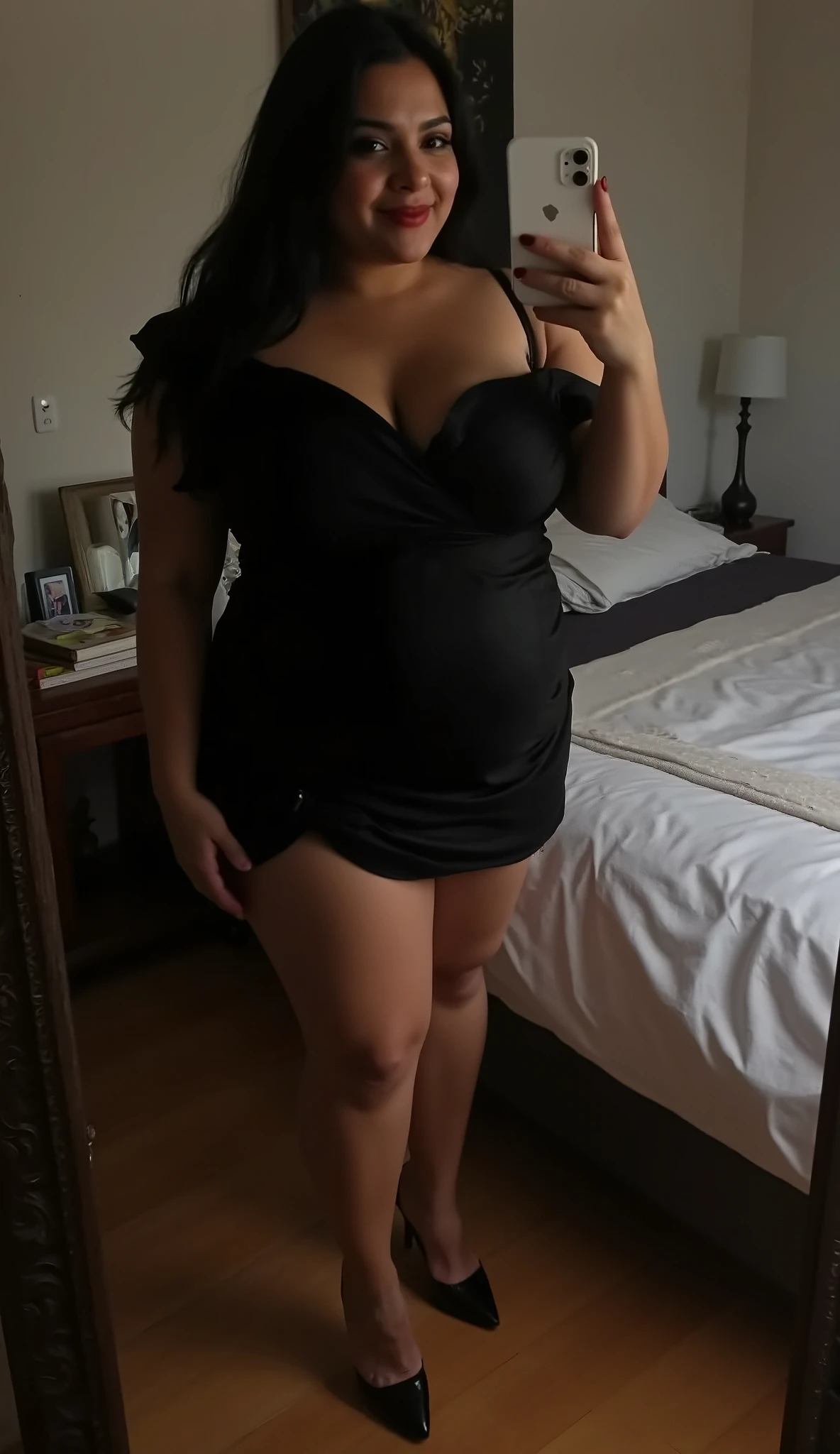 Young busty African woman in tight dress taking a selfie