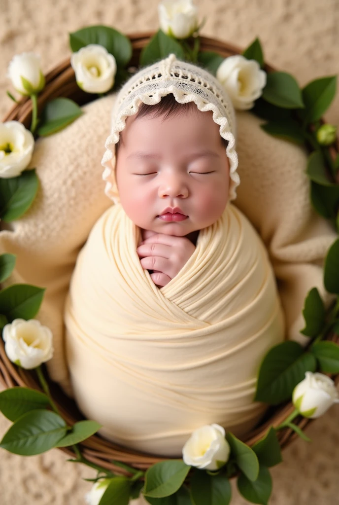 A highly detailed ultra realistic photography of filipino newborn baby girl, dressed by white angel gown, the baby is lying on the feather newborn baby mat. The photo is like a photo shoot drone shot.