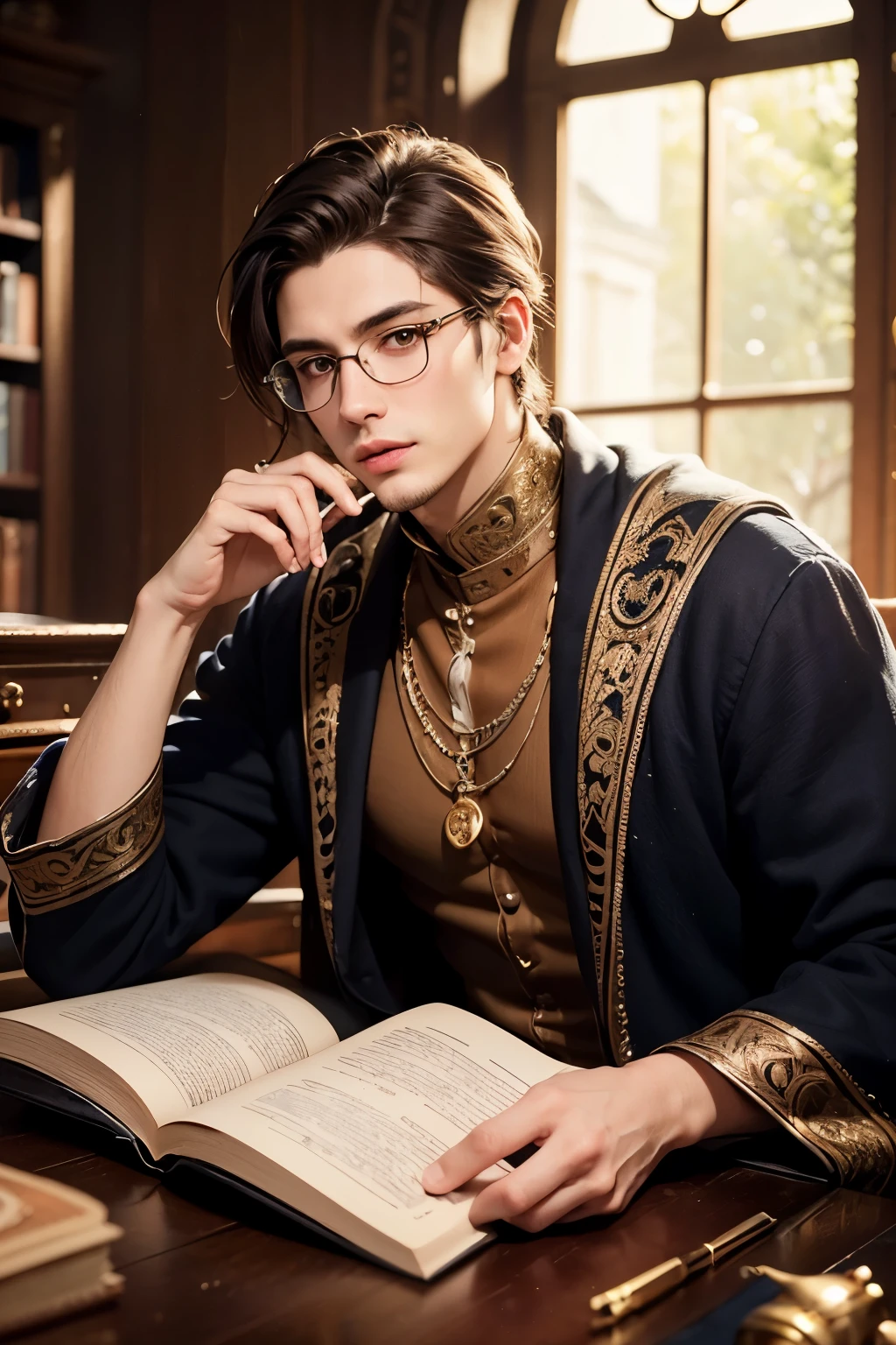Please read a very large magic book around the mouth of a smooth jaw and smooth skin((Relaxed fantasy outfits))Precise, detailed, large brown eyes(27 year old man keeps his mouth shut)Beautiful, smooth skin、Five well-formed fingers