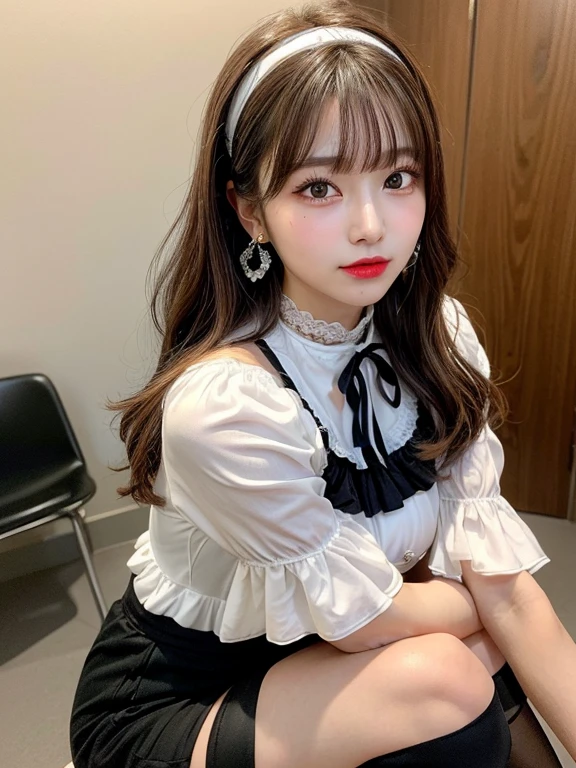 Photo of a young woman wearing frill skirt, Nanase Nishino, (((Bright eyes of beauty))), angel face, straight hair, medium Hair, black hair, small nose, ((perfect face)), be familiar with, realistic, japanese idol, at the cafe,