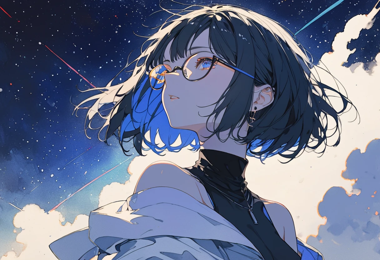 masterpiece, best quality, great quality on the front of the body, very aesthetic, high definition, newest, watercolor touch,  HYPER DETAIL, Off Shoulder, profile, one girl, black hair, flat color,short hair, small breasts in Mbini, glasses, soft lighting, Off Shoulder, starry sky, Hip Hop Style