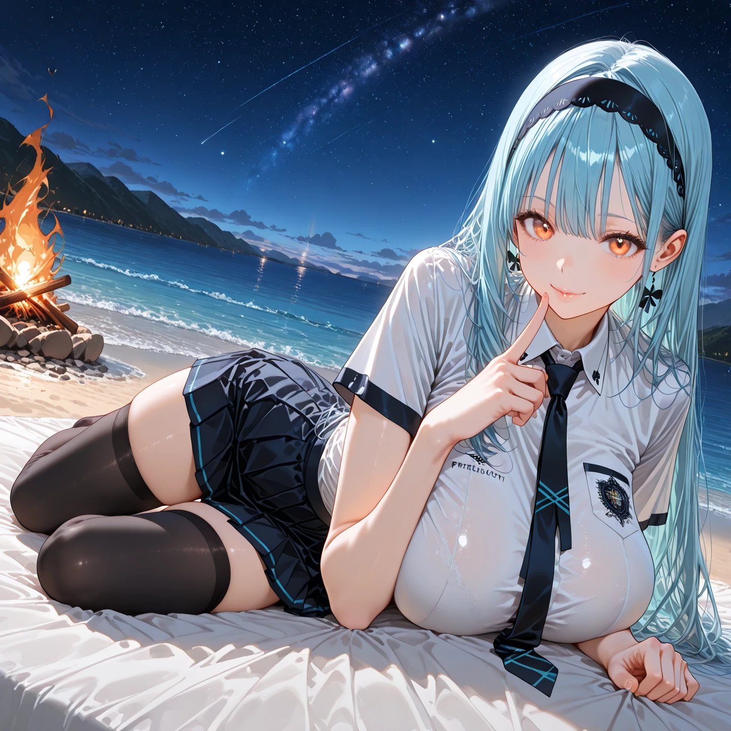 Under the beautiful starry sky、Reading by the campfire、Hatsune Miku in a bikini。４K