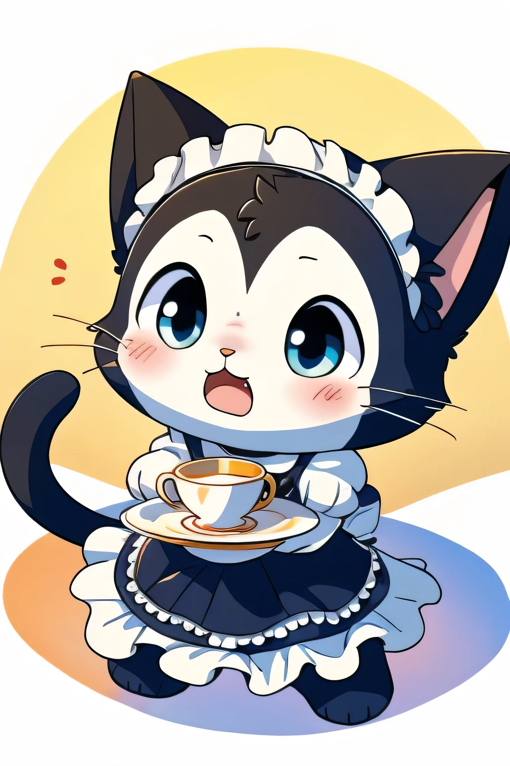 cat, cat wearing maid uniform, cute, chibi, panicked, surprised, broken teacup,  (masterpiece, super detailed, highres, 8K)