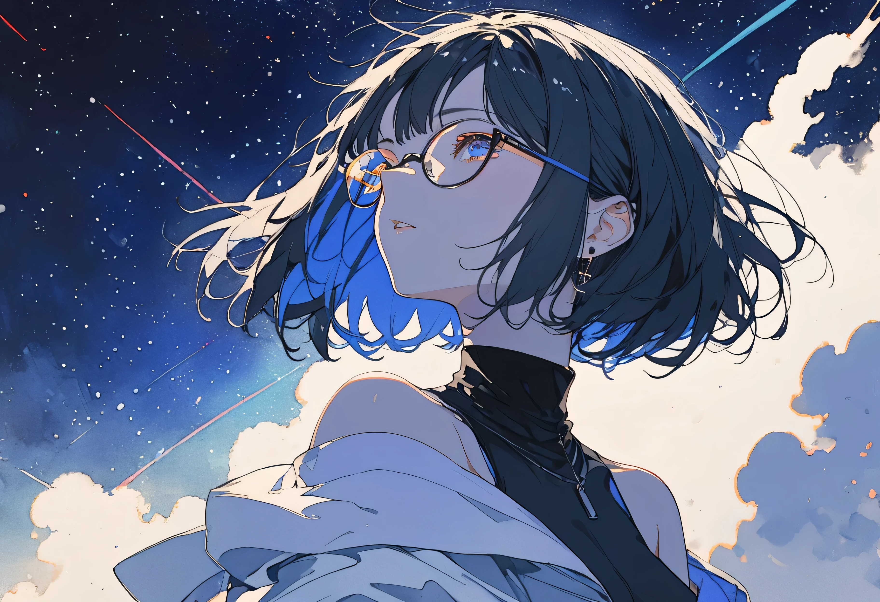 masterpiece, best quality, great quality on the front of the body, very aesthetic, high definition, newest, watercolor touch,  HYPER DETAIL, Off Shoulder, profile, one girl, black hair, flat color,short hair, small breasts in Mbini, glasses, soft lighting, Off Shoulder, starry sky, Hip Hop Style