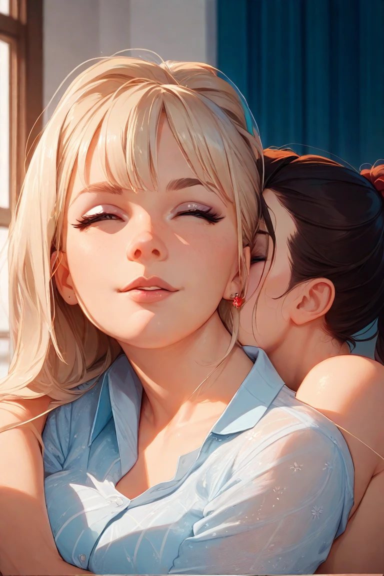 (masterpeace, best quality), 2girls, girls, teenite t-shirts, hugging, smile, in a train compartment, warm, volumetric lighting, soft light, bright