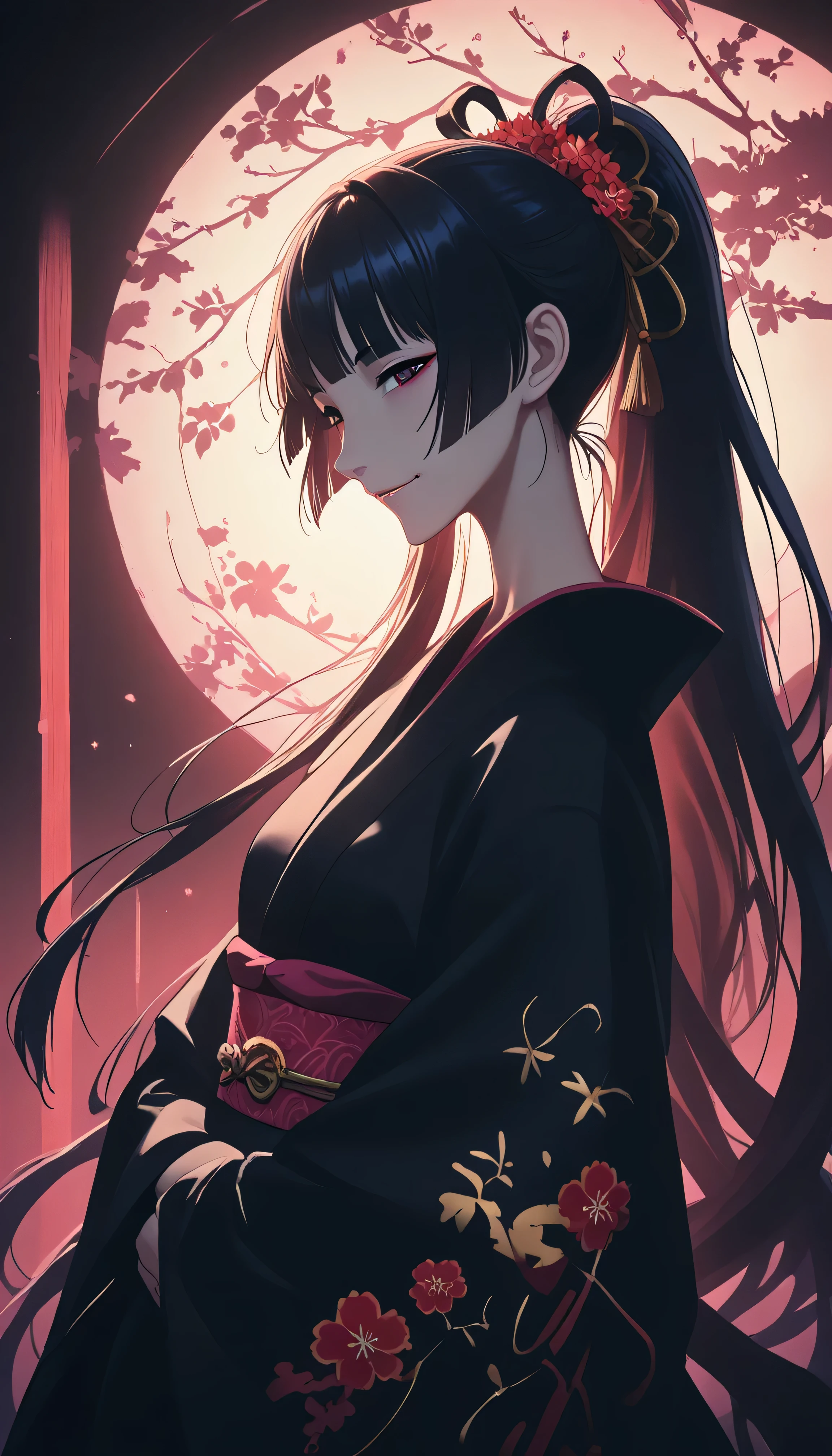 masterpiece, best quality, amazing quality, hyper-detailed, newest, very aesthetic, A girl in a kimono is standing up, no pattern only mat black kimono, Her hair is in a long ponytail and hime cut, The sunset in her eyes, The light hits her face, Half landscape orientation to the camera, looking at viewer, looking down, smiling, in the plum forest, shadows