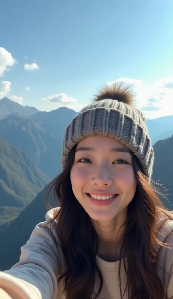 1人の女性((Upper body selfie、Happiness))、Summit of Mount Everest、​masterpiece、top-quality、ultra-detailliert、(Smooth lighting:1.05)、32K、Realistic lighting、the ground、（japanes:1）、（a blond:0.9）、gals、Wearing a black bunny costume、large full breasts、Looking at the camera、mountaineering、jolly、Happiness