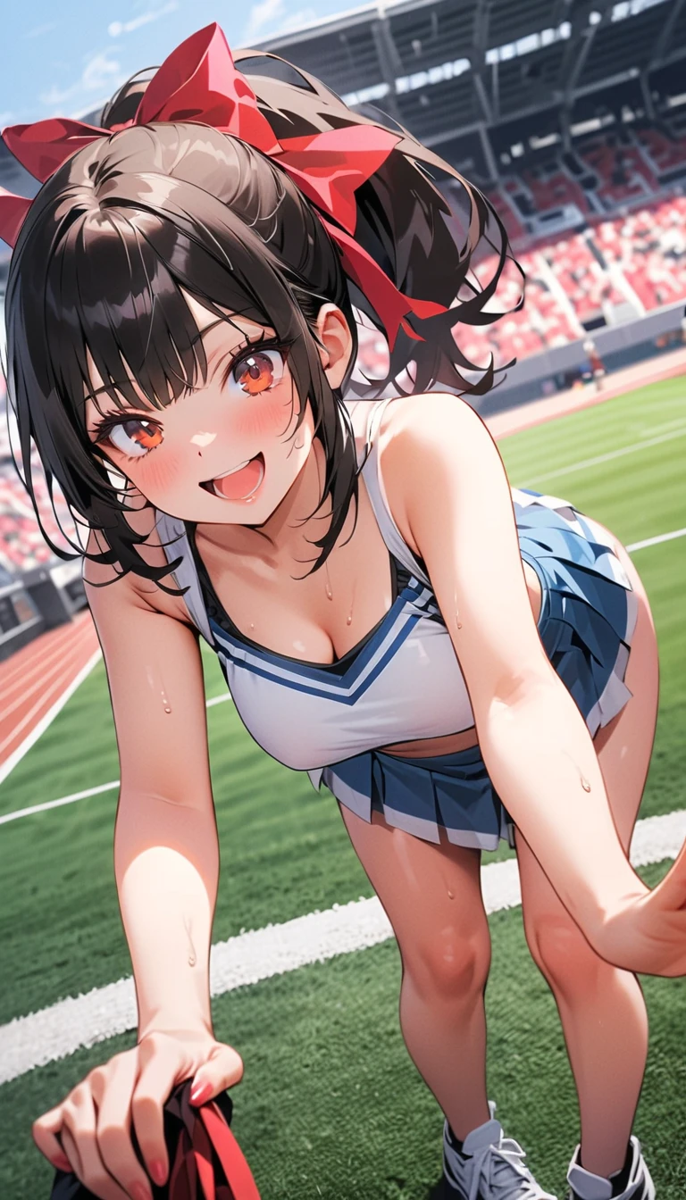 (best quality), 1 girl, ultra-detailed, illustration, yang guifei, cheerleader, cleavage, midriff, grass, glossy lips, light smile, sneakers, standing