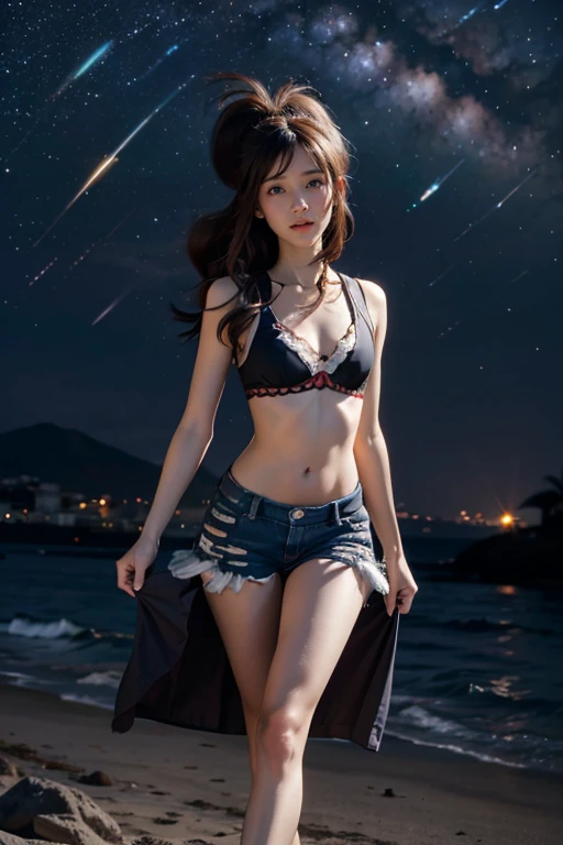 (masterpiece, highest quality, Dutch Angle)(One girl, alone)(Gray Hair, Red eyes)(smile, Sitting,Floating Hair)(universe、milky way、The moon seems to be approaching)、Floral Bikini