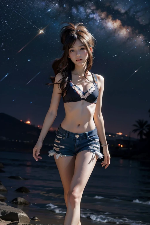 ((Highest quality)), ((masterpiece)), (detailed), Silhouette-Lighting , (Japanese), 14 years old, Straight Hair, Girl, ,small Breasts, (naked),topless, (Blue eyes),half-smile ,Silhouette Lighting, (Moonlit Night) ,Starry sky, milky way, arched back ,beach,Water's Edge,