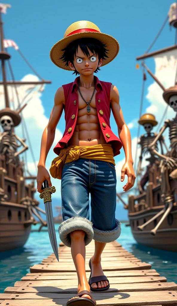 Monkey d luffy character with one wooden arm, one wooden leg and eye patch on his right eye
