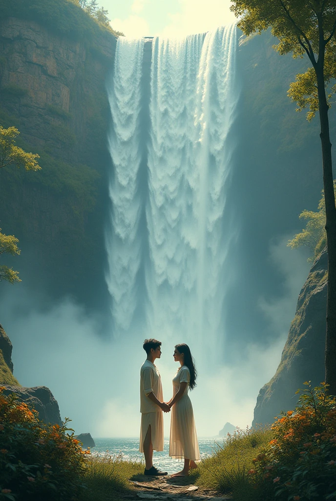 In the full Tang Dynasty, a naked princess and a young man stand hugging and kissing in the middle of a waterfall in a big forest.