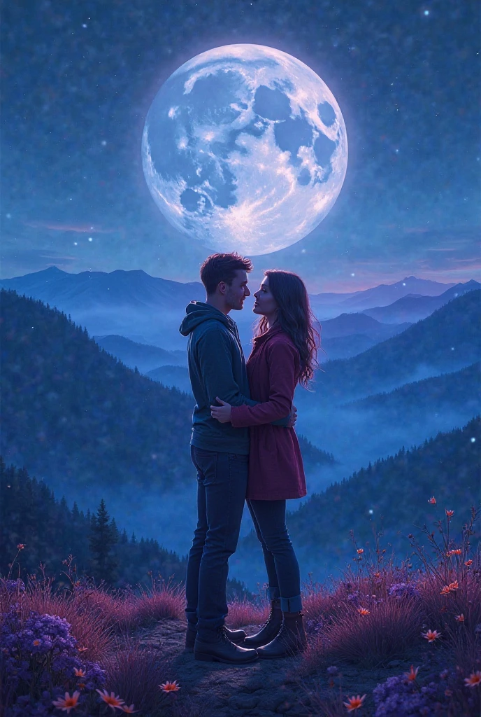 ((La mejor calidad)), ((Obra maestra)), (Detallado), Cara perfecta, 16K, ultra realista, perfecta.
Create an image of a woman and a man kissing under the moon on a mountain.
La mujer debe ser joven y hermosa, con cabello largo y negro. El hombre debe ser alto y musculoso, with brown hair.
The couple must be standing on the top of a mountain, mirando la luna llena. The man should have his arm around the woman and she should be leaning towards him.
El beso debe ser suave y apasionado. Ambos deben cerrar los ojos y perderse el uno en el otro. El mundo debe desvanecerse a su alrededor y solo quedar ellos dos, unidos por su amor.
La noche debe ser clara y estrellada, y la luna debe brillar intensamente. Debe ser una noche perfecta para estar enamorado.