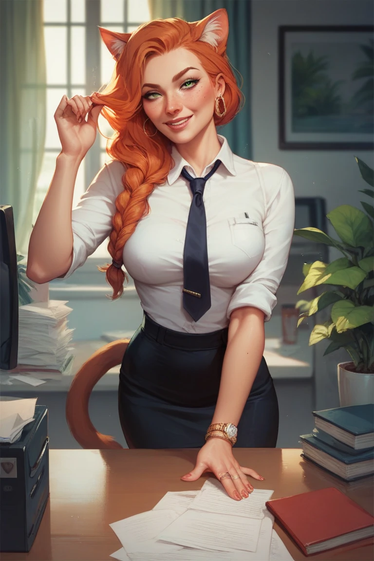 NSFW, a full body photo of a stunning redhead woman with messy hair, (unbuttoned white transparent blouse), smiling, green eyes, flirty, sits in a coffee shop, short black skirt, messy bun, camera from above, voyeuristic, intimate, soft light, warm glow on her face and body, computer, focused, skin and hair, soothing, high-detail skin texture, (freckles:0.5), hdr, partially exposed