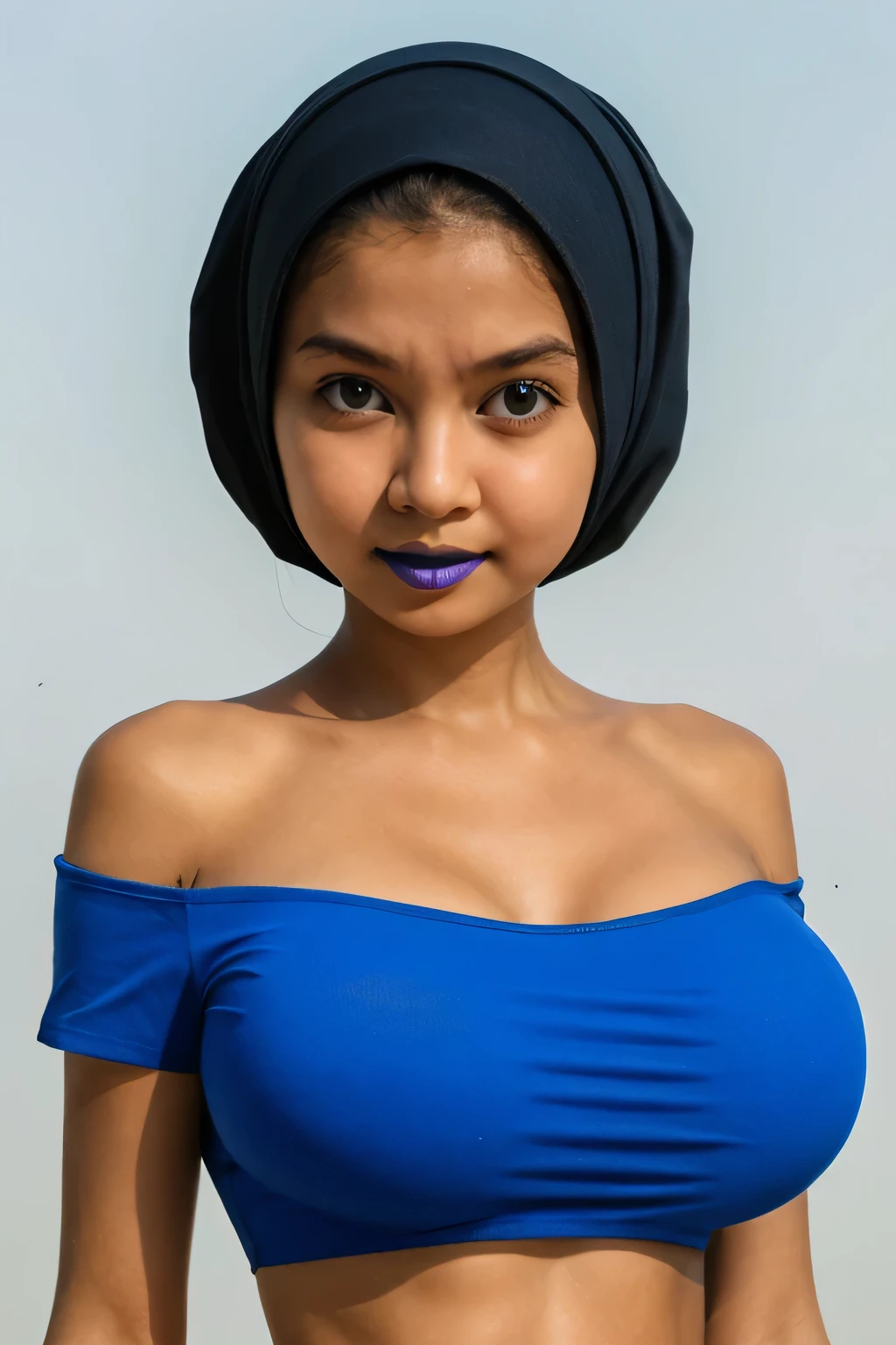 HELLO KITTY, green fluorescence Strapless Jumbo (Fatty), adorable, (1 girl), (face to face), , baby face, sad, half body portrait, (face details: 1), (eye details: 1), ((big breasts Solid:1.54)). wearing translucent (transparent) transparency (soft short t-shirt cropped) , hijab, .. Cute posed. proportional body. Ultra High Res. realistic: 1.4, UHD, view from side seductive pose, (viddinillah:1.3), (Dark Blue Lipstick:1.2), (sad face expressions:1.3) LITTLE SMALL GIRLS, LITTLE SMALL GIRLS, LITTLE SMALL GIRLS, (black tone skin:1.1)