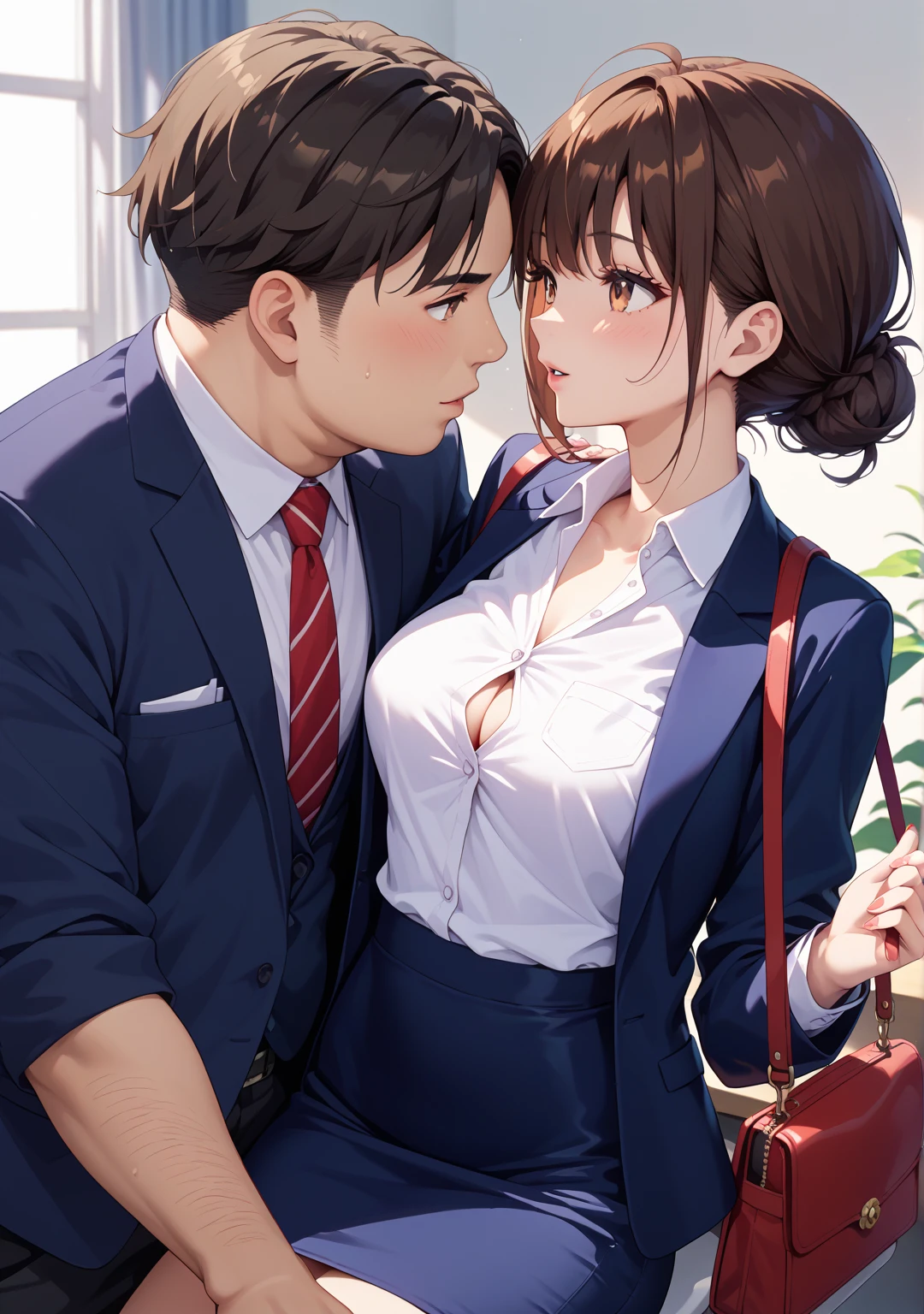 40-year-old woman (Highest quality 8k) Embarrassed Brown Hair (Shiny skin Glowing Skin Dazzling light source) Big Breasts (classroom blackboard) female teacher Tight Skirt (((A middle school boy hugging someone from behind))) Don't look at the camera