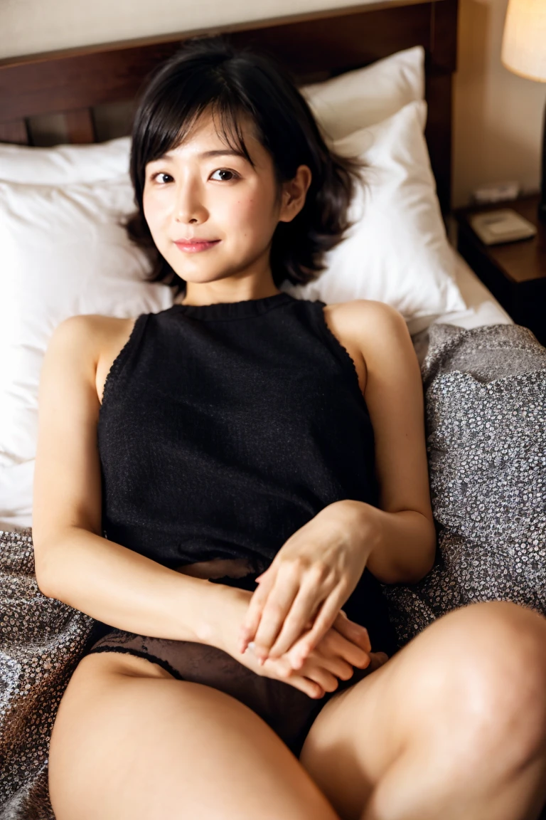 ((Best Quality, 8k, Masterpiece, Portrait)), Photorealistic, Sharp Focus, 1 Beautiful Japan Milf, (looking at viewer, from front, same level), ((Wearing Panties, Sox, Camisole)), Cloth with Cleavage View, 30 Years Old, Wavy Hair, Wrinkles at the Corners of the Eyes, (loose waist:0.5), ((Open your legs wide with one knee up:1.5, show crotch)), (open mouth:0.7), darkness room,