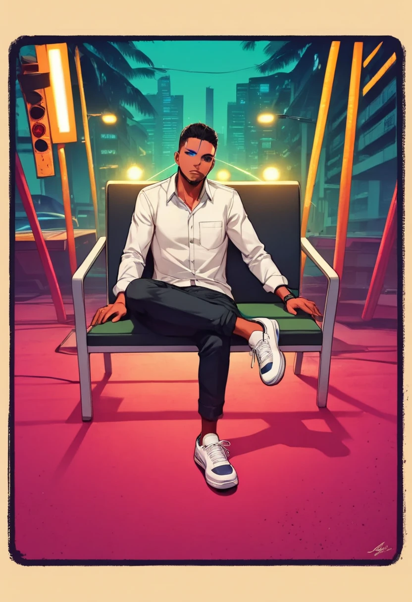 realistic style, masterpiece, best quality, 8k, artstation, sharp focus, ultrarealistic, high details, black skinned adult male, late 20s, street thug, A black teenager, character, very tall, muscular, with short hair, brown eyes, solo, 1boy, he has a burn mark in the left side of his face. He is wearing a white tank top and unzipped jacket, his leg wear consists of blue jeans, dark sneakers and a silver necklace.(((black:1.5, red:1.1, white:1.3)))