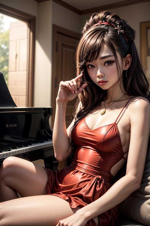 Karen Lechner at the piano, sensual, realistic look, open lips, expression of pleasure, short and tight transparent red dress, large and full breasts, wide and open legs, fingers rest on the keyboard, sensual attitude, real photo taken by old photo machine --auto --s2