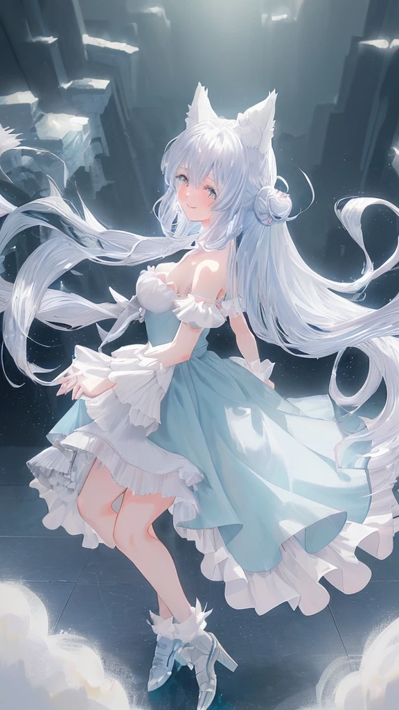 (Full body posing:1.5), (colorful:1.2), Dynamic angle, (extremely detailed CG unity 16k wallpaper:1.1), (Denoising strength: 1.45), (tmasterpiece:1.37), (beautiful detailed girl), beautiful detailed glow, detailed ice, beautiful detailed water, (beautiful detailed eyes), expressionless, (floating palaces), azure hair, disheveled hair, long bangs, hairs between eyes, (skyblue dress), black ribbon, white bowties, midriff, {{{half closed eyes}}}, big forhead, blank stare, flower, large top sleeves, illustration, god rays, sparkle, glowing light, (((masterpiece))), best quality