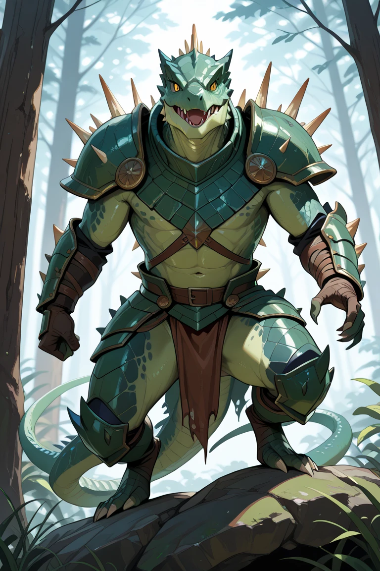 masterpiece best quality, an anthropomorphic crocodile standing on a dirt path in a dark dense swamp next to a very fat anthro fox, muscular, hyper muscular, wearing fur armor, fur armor, tight clothes, bulge, (huge bulge), blue eyes, big eyes, cute, greeen scales, sexy, ((massive)), tall, tail, fantasy setting, (medieval), (swamp),, d&d, fantasy, highly detailed, digital painting, artstation, sharp focus, fantasy art, character art, illustration, 8k, art by artgerm and greg rutkowski,,fmg