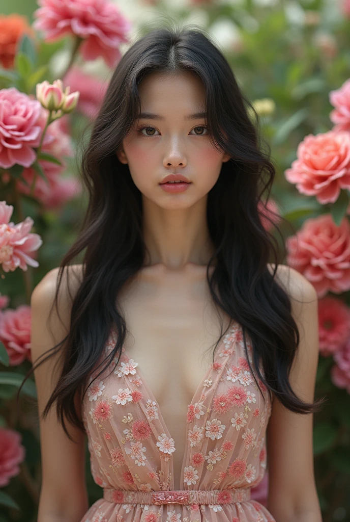 (highly detailed body, highly detailed face, best quality:1.2) ,A Woman, look at viewer, (Pink bra, Jeans), (Pink bougainvillea mess in background:1.4)