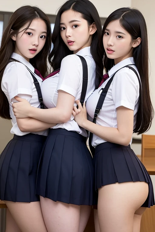 (Photorealistic:1.4), Extremely cute face, Amazing face and eyes,Three high school girls smiling in a group photo、Lift the skirt to show white panties、summer clothing、masterpiece、top-quality、8K High Resolution、Photogenic clarity、A detailed eye、Gradation、Perfect Anatomy Body Proportions HHX ,Model Standing,(Photorealistic:1.4), Extremely cute face, Amazing face and eyes,Smile slightly、(School uniform, pleatedskirt:1.5), Three high school girls in a group photo、Lift the skirt to show white panties,Lift the skirt to show white panties、summer clothing、校服
