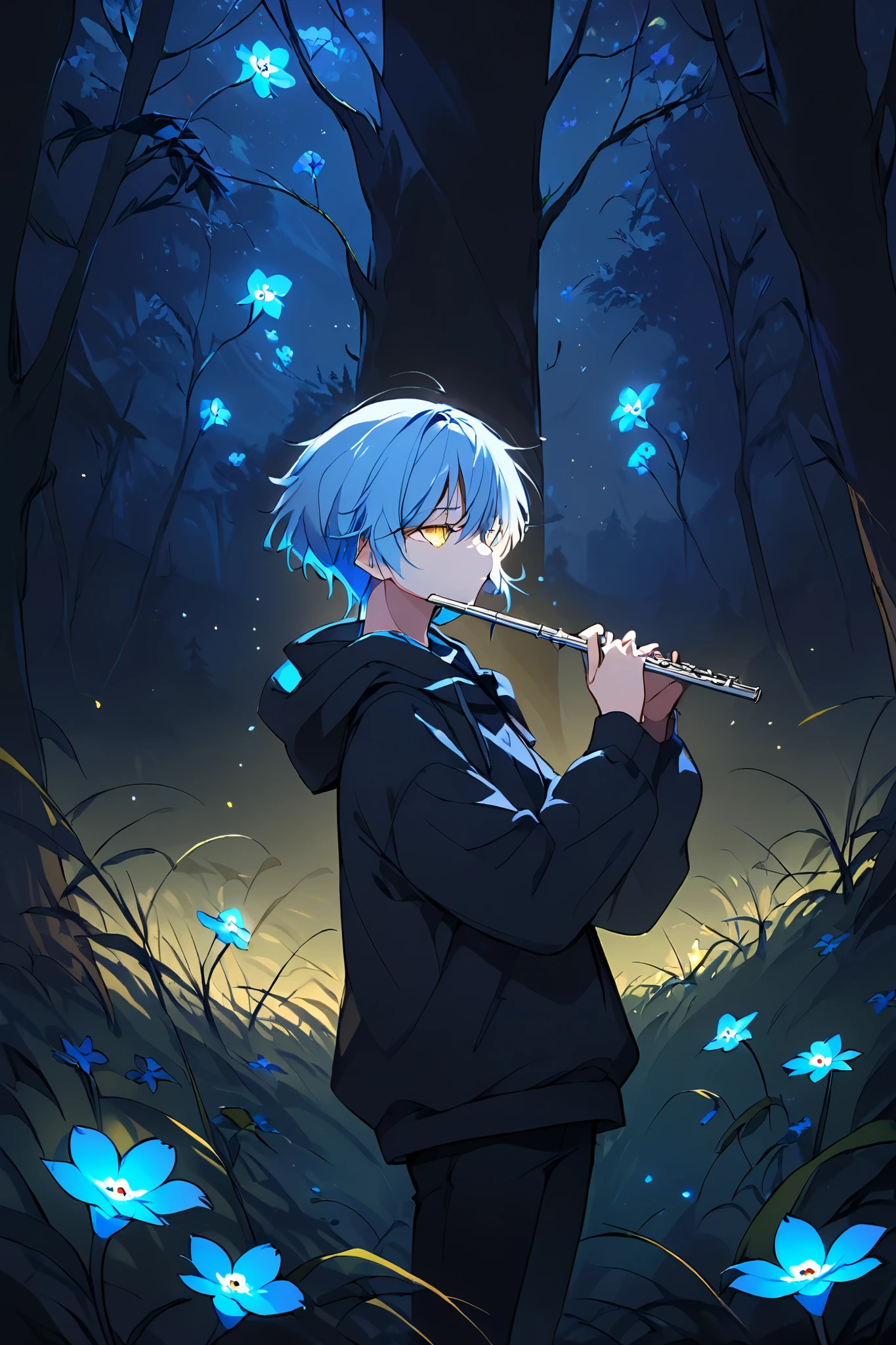 young androgynous boy, anime, light blue hair and yellow eyes, wearing casual clothes, playing flute, cute boy, femenine, medium lenght hair, relaxed, standing, thick fantasy forest, mysterious and magical atmosphere, night, poor lighting at night, glowing mushrooms, forget me not flowers, outdoors, on a windy grass plain, glowing lightblue myosotis, side view, looking away, pitch dark scene, only light from glowing flowers,